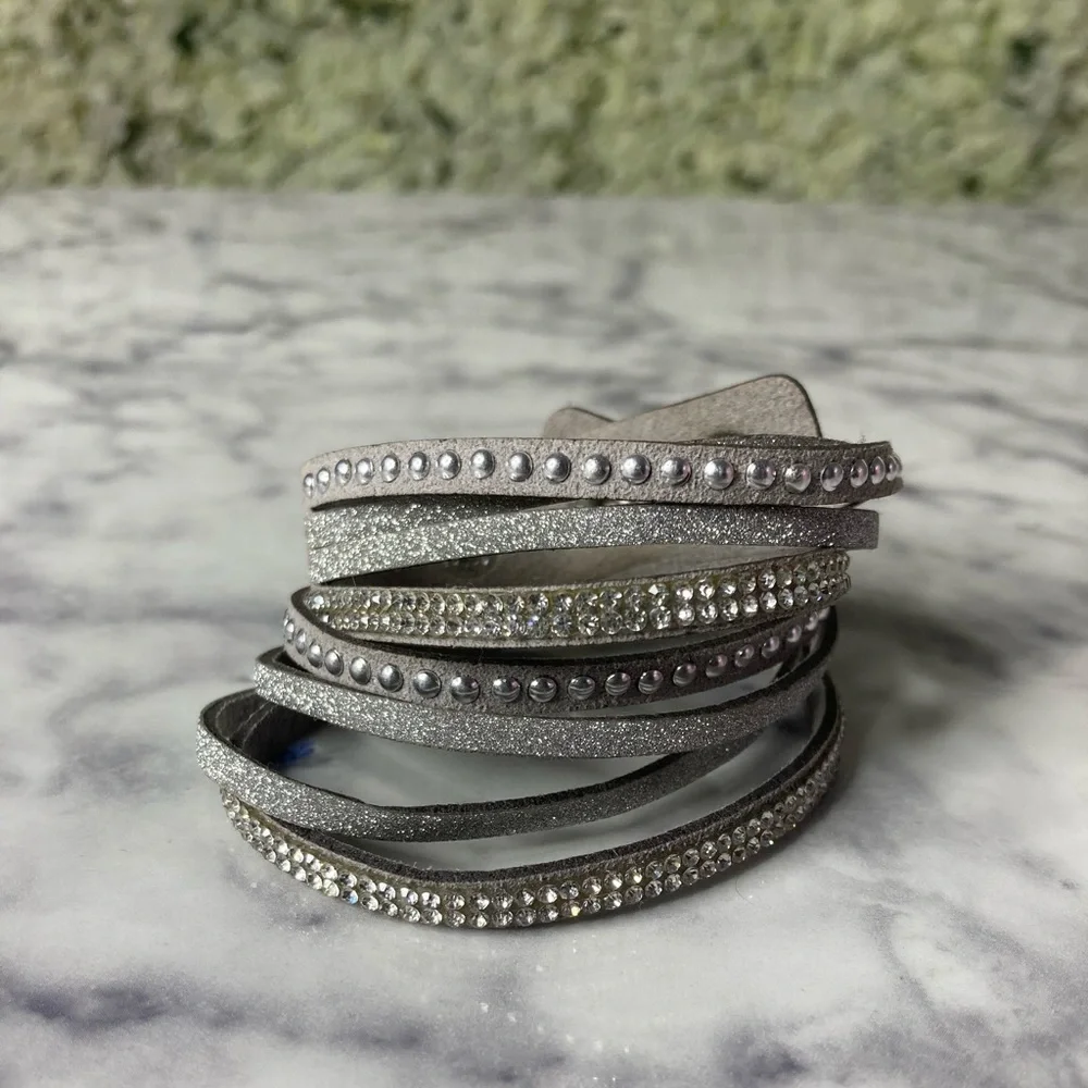 Grey Rhinestone & Rivet Faux Suede Wrap Bracelet - Picture 1 of 8